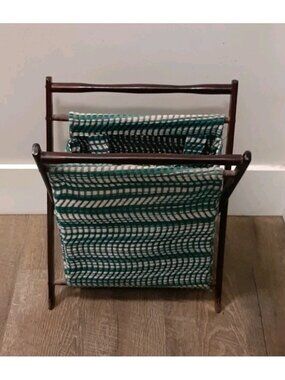 Vintage Knitting Sewing Crochet Caddy Basket Woven Fabric Folding Wood Frame